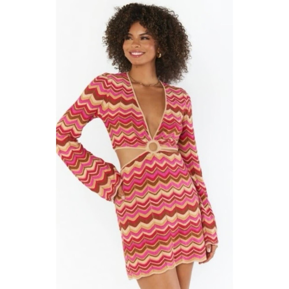 Show Me Your Mumu Carlo Cut Out Mini Dress Chevron Stripe Boho Summer Pink Coral